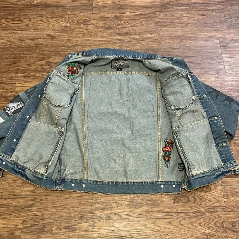 NWT Brooklyn Cloth Artistic Denim Jacket with Colorful Patches Streetwear Size S